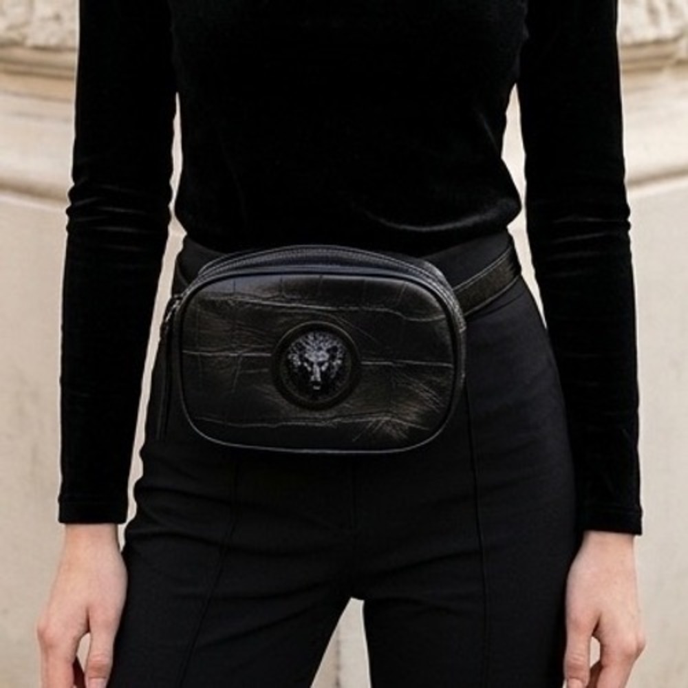 VTG Y2K Versus Versace Black Croc-Embossed Leather Lion Head Belt Bag Fanny Pack